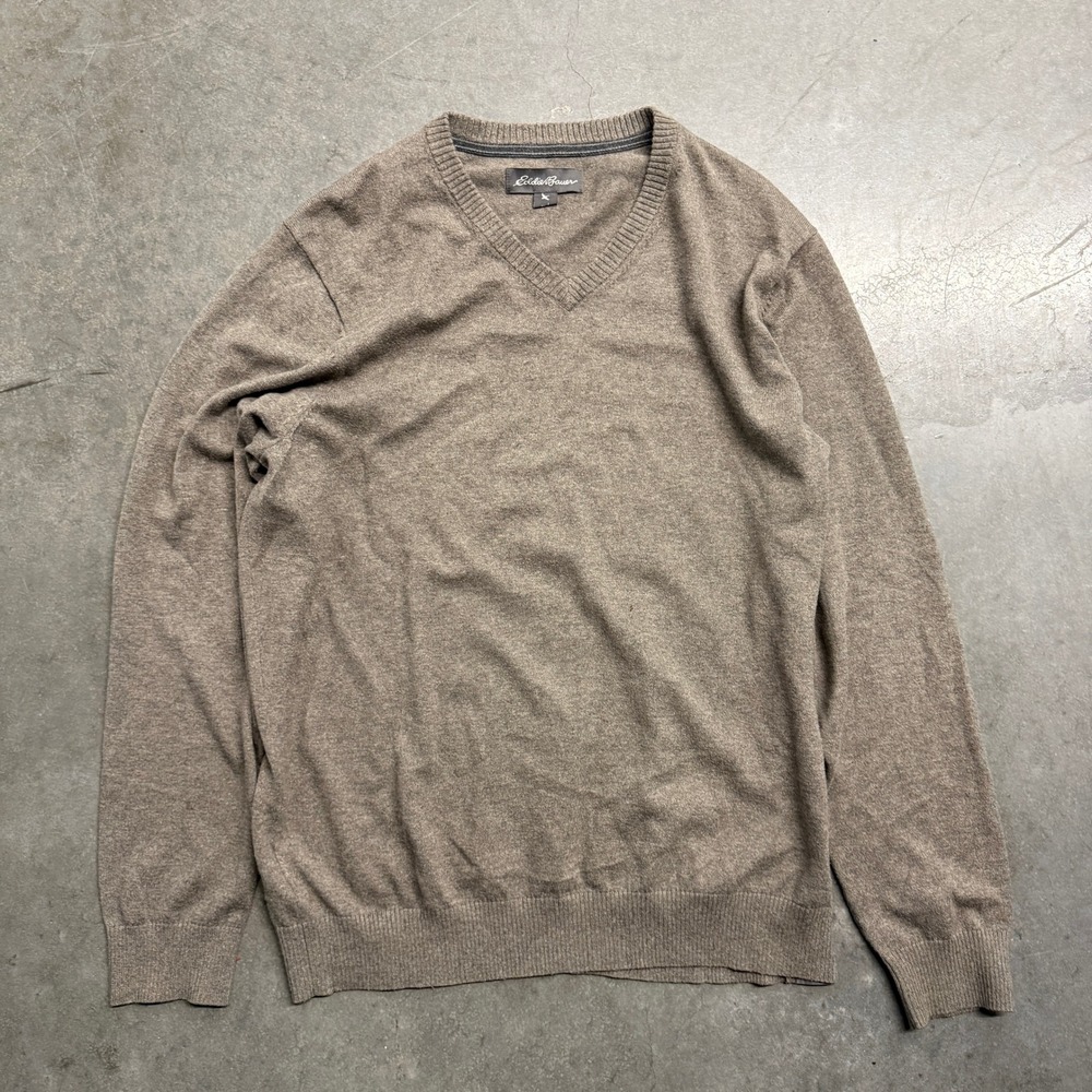 Eddie Bauer Mens Large Brown V-Neck Long Sleeve Knit Sweater Layering Essential